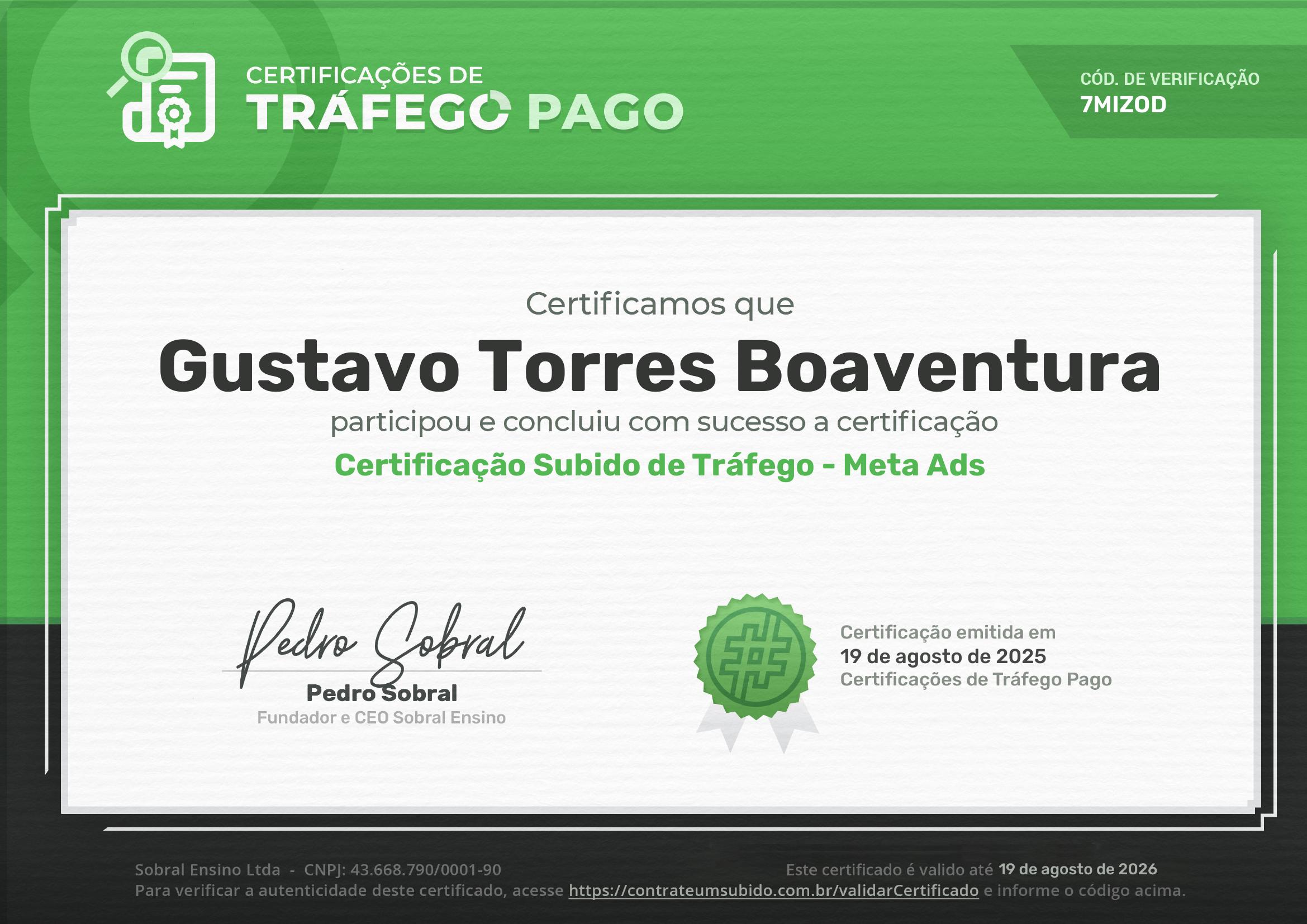 Certificação Subido de Tráfego - Meta Ads - Gustavo Torres Boaventura